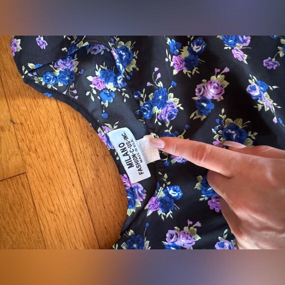 90s Vintage Black Floral Tank Dress with Back Ties - Picture 3 of 6